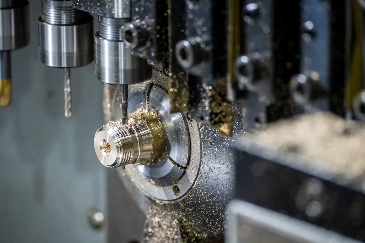 Close-up of a CNC machining tool cutting a metal component, with metal chips scattered around the workpiece.